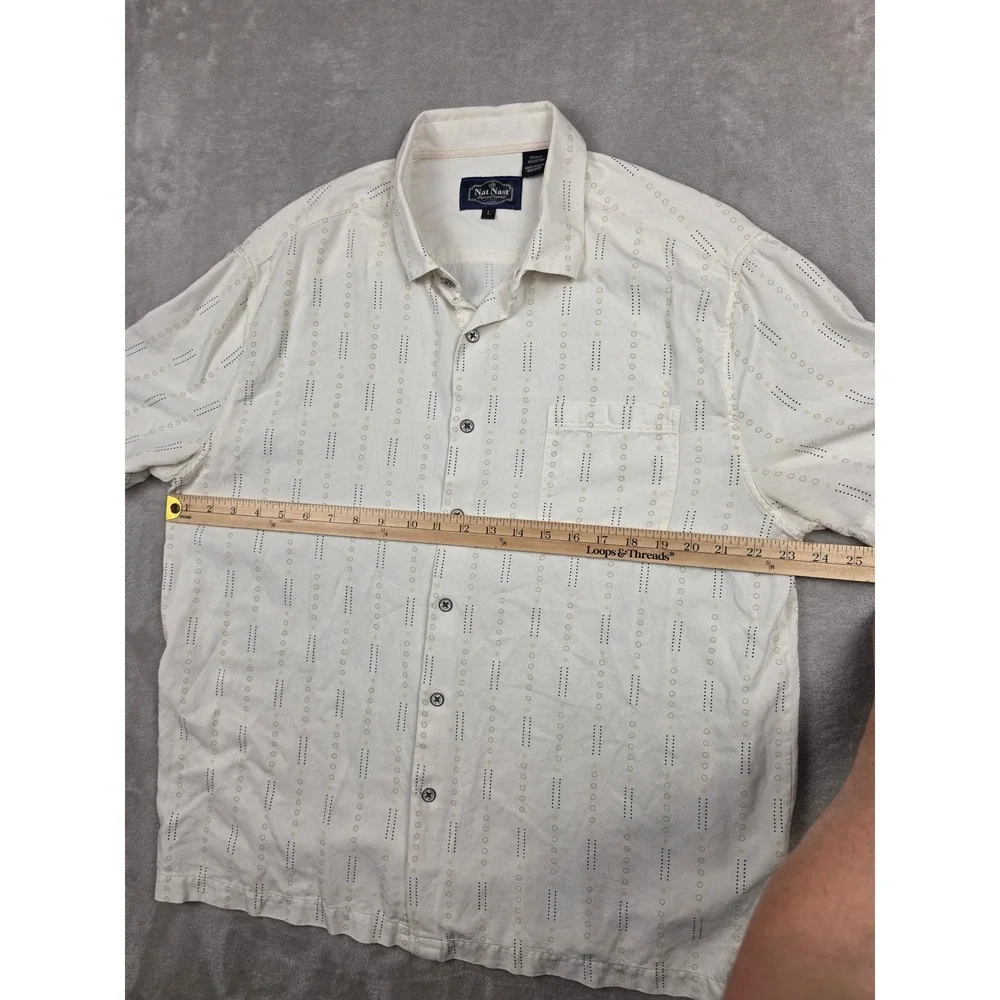 Nat Nast Button Up Shirt Mens Large Cream Silk Cotton Geometric Short Sleeve